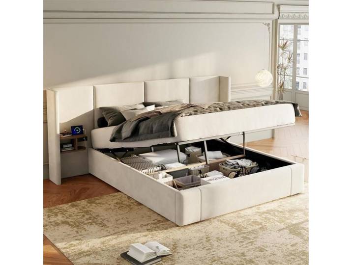 Lit - GUTENT - 160x200 cm - Velours beige - 2 tables de chevet - USB et prise de courant