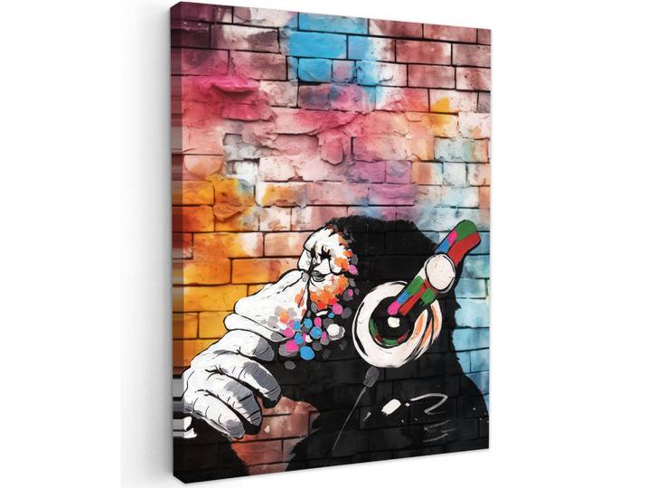 MuchoWow Leinwandbild - Affe - Graffiti - Musik - 60x80 - Gemälde, Mehrfarbig, Textil, Kiefer, Abstrakt, Rechteckig, 60x80 cm, gerahmt, Bilder & Rahmen, Bilder, Wandbilder
