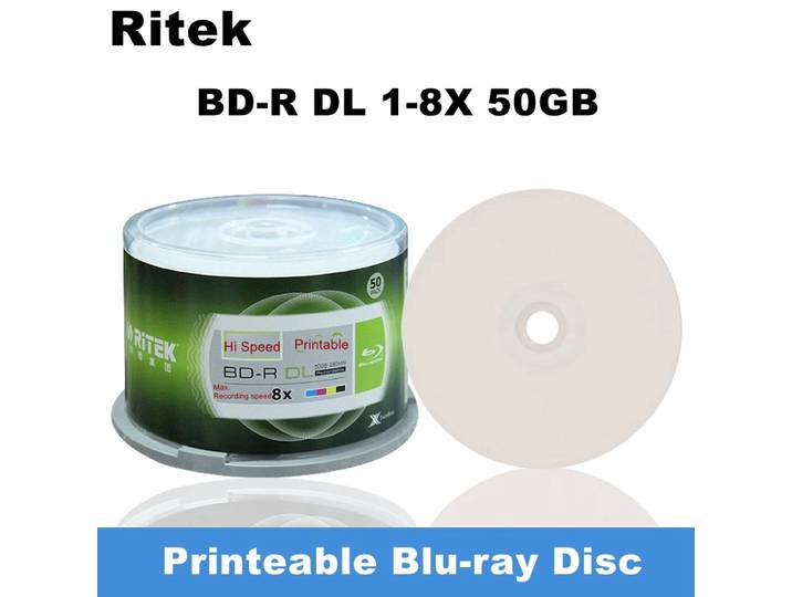 50 PCS/BOÎTE Ritek BD-R DL 50 Go Disque vierge Blu-ray imprimable 1-8X 260 min d'enregistrement Disque Blu-ray