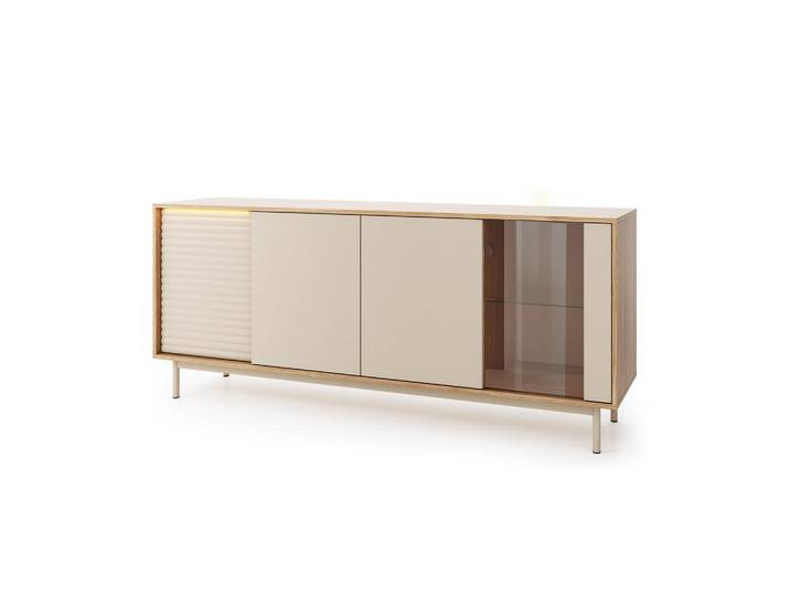 Beautysofa Kommode Terra mit 4 Türen und LED-Beleuchtung, Kaschmir/geölte Eiche, Metall, 184x77x40 cm, Kleinmöbel, Kommoden, Kommoden