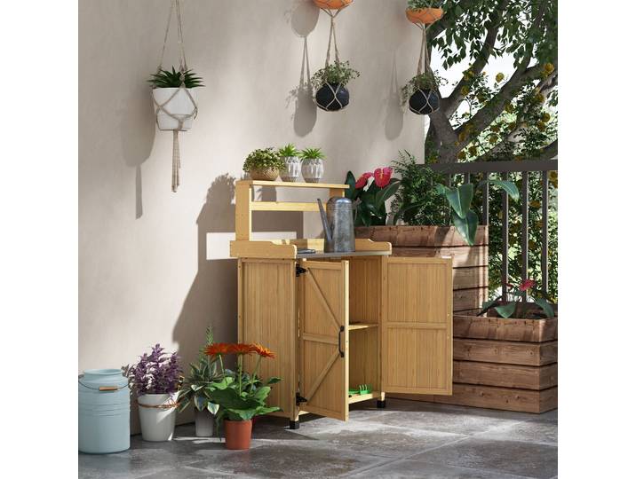 Outsunny Table Jardinage Bois Sapin avec Placard Jaune