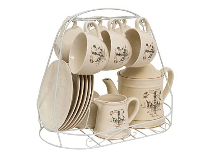 Biscottini Frühstücksset 15-teilig aus Porzellan - Teetassen Set mit Kronleuchtermotiv - Kaffeetassenhalter - Set Tassen 6 Untertassen - Platzsparender Kaffeebecherhalter