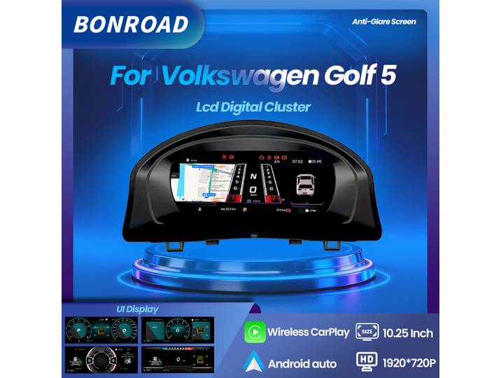 BONROAD 10.25 LCD tableau de bord numérique groupe d'instruments panneau CarPlay Android Auto pour Volkswagen Golf 5 compteur de vitesse Cockpit