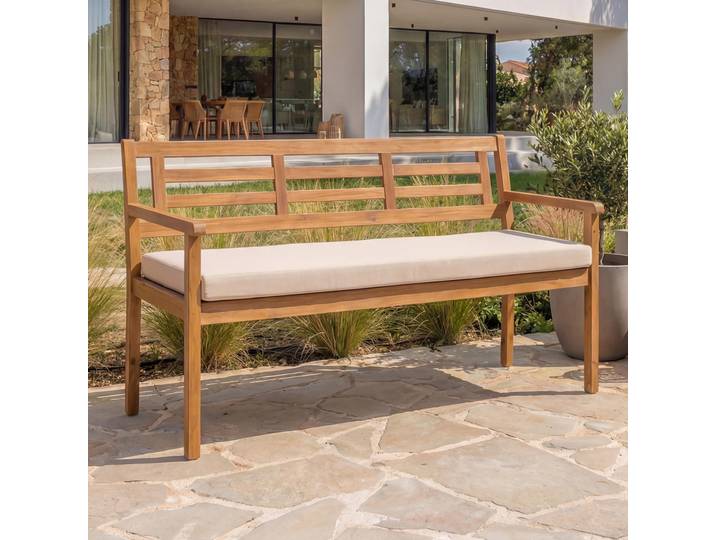 Gartenbank HWC-N47, Sitzbank Parkbank Holzbank, Massiv-Holz Akazie MVG- - Kissen creme-beige