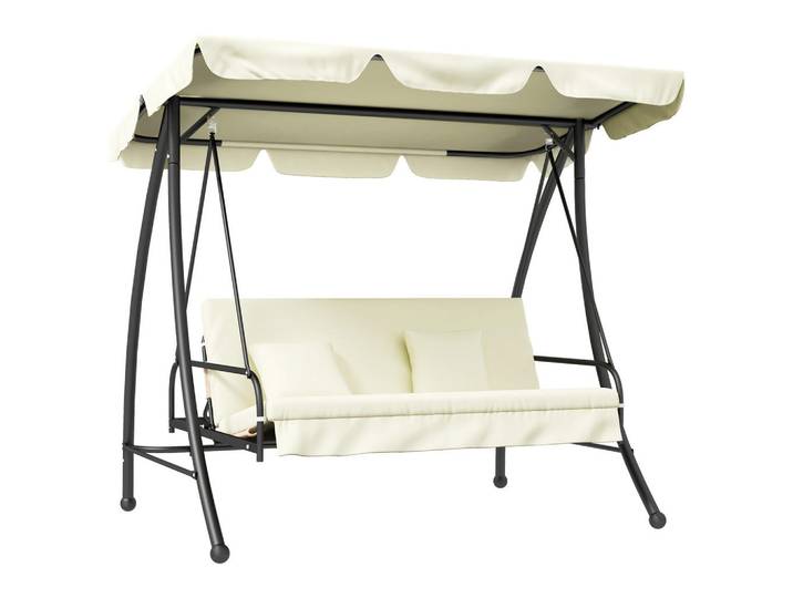 Outsunny Hollywoodschaukel 2 in 1 mit Liegefunktion 3-Sitzer Gartenschaukel Cremeweiß, Metall, 125x170x210 cm, Gartenmöbel, Gartenliegen, Liegestühle