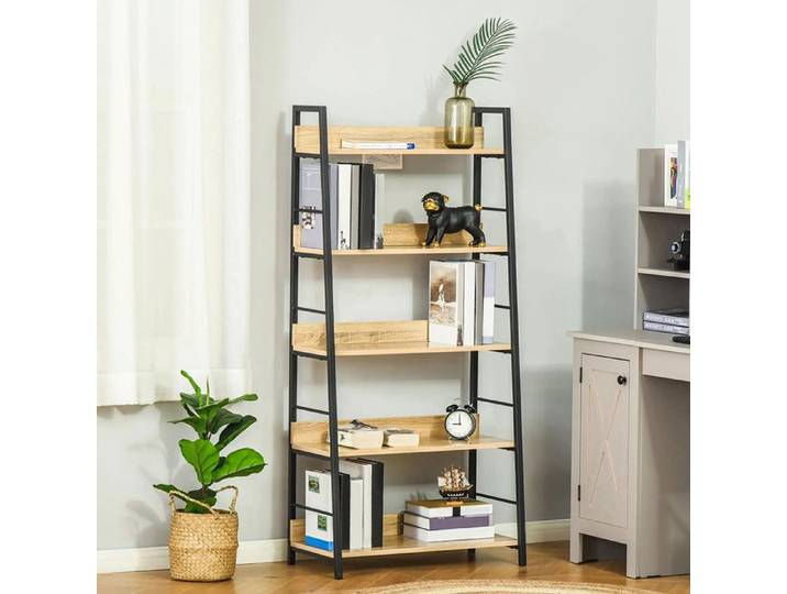Étagère bibliothèque industrielle inclinée 70 x 35 x 150 cm chêne clair noir