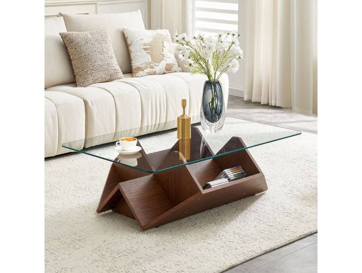 Table basse - verre trempé et MDF multi-stockage table basse finition noyer avec compartiments spacieux table basse salon moderne