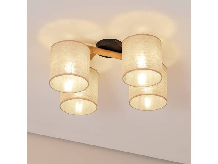 Deckenlampe Deva, vierflammig, Textil Deva TK Lighting, dimmbar, Holz hell, für Wohn- / Esszimmer, Holz, Skandinavisch
