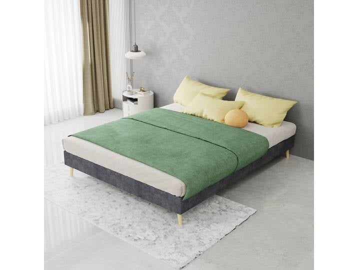Cadre de lit minimaliste moderne 140x200 cm Bas de profil bas Tissu velouté gris Mobilier de chambre de style moderne Gris