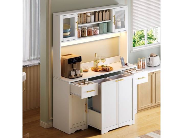 Piaenon - Buffet de Cuisine 140x40x173 cm avec LED 4 Portes 2 Tiroirs Poubelle Double Intégrée Design Moderne - Blanc