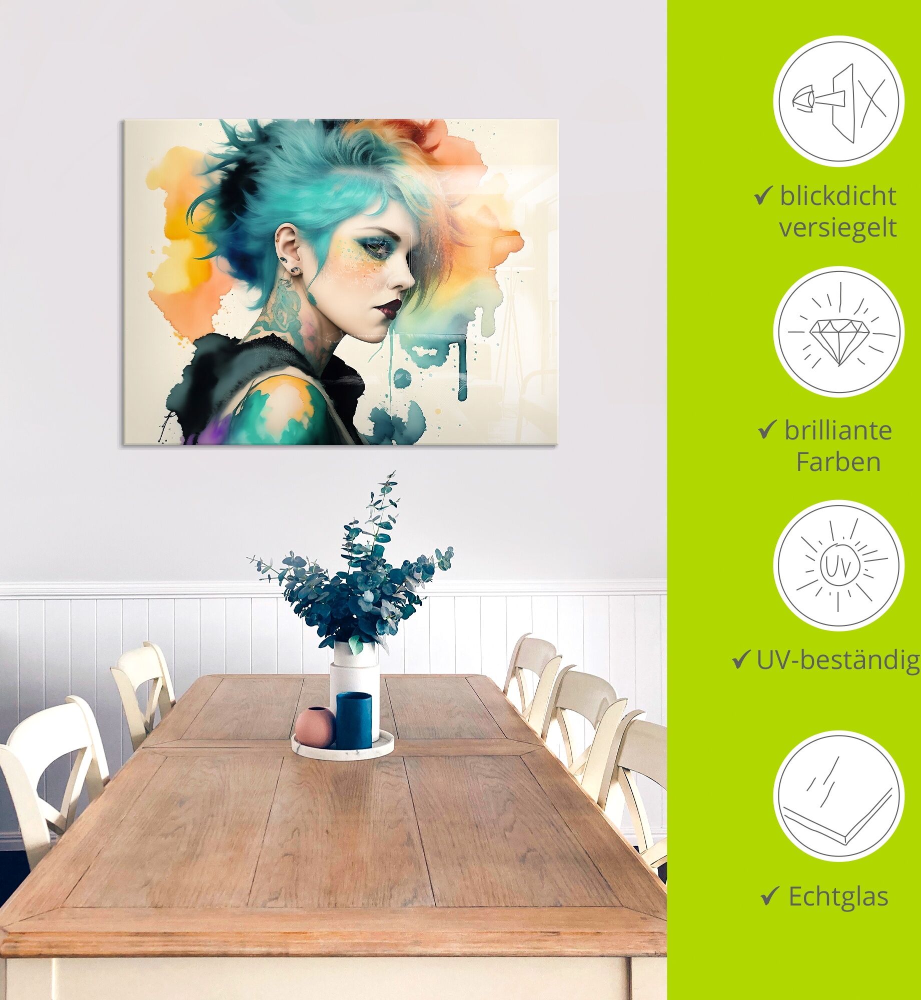 Glasbild ARTLAND "Weiblicher Punk III", bunt (farbe bild(er): farbig), B:60cm H:45cm, Bilder, Glasbild, in verschiedenen Grössen farbe bild(er): farbig B/H/T: 60cm x 45cm, Glasbild Bilder von Frauen Querformat, 1 Stk.