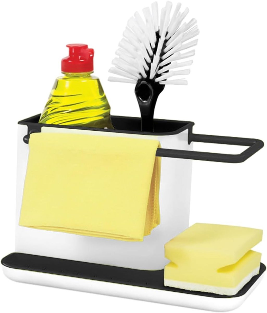 Keukenorganizer voor afwasgerei en schoonmaakaccessoires met afvoersysteem en verwijderbare accessoires