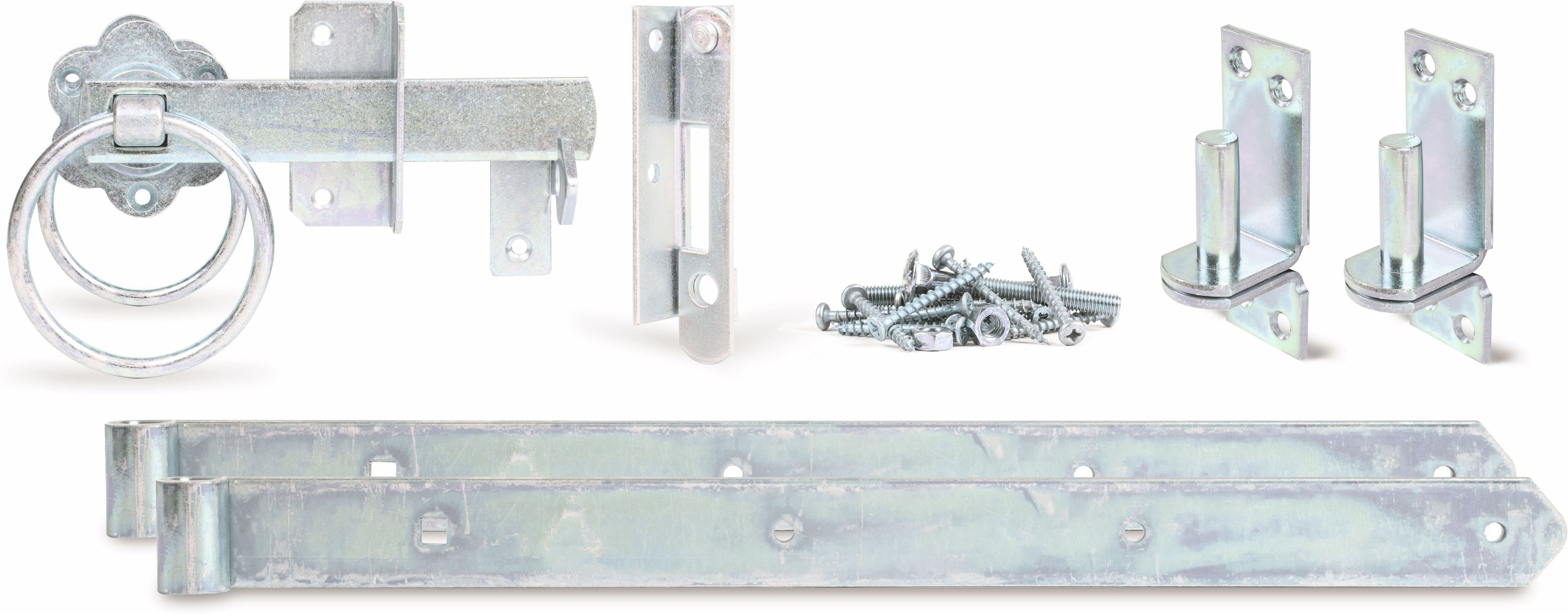 Torbeschlag ALBERTS "Beschlagsortiment", silber (galvanisch verzinkt), Stahl, Beschläge, für Flechtzaun-Einzeltore, galvanisch verzinkt, dickschichtpassiviert