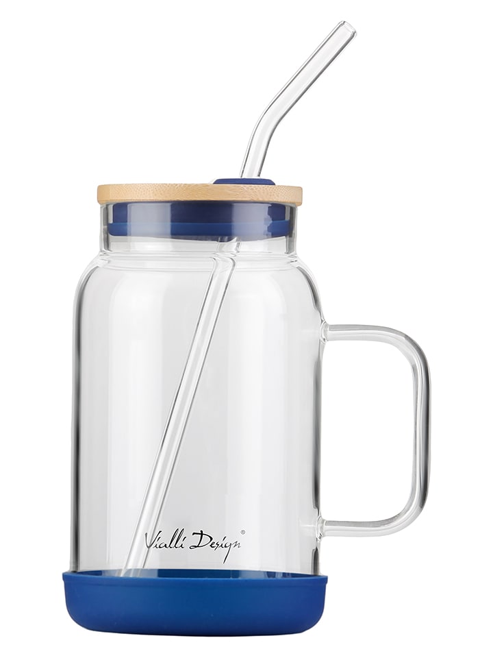 Vialli Design Glas mit Trinkhalm in Dunkelblau - 600 ml - onesize