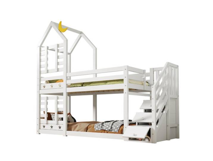Modfu Etagenbett aus Holz 90x200 cm in Weiß mit Schubladen & Treppenstauraum, 90x200 cm, Babymöbel & Kindermöbel, Kinderzimmer & Jugendzimmer, Stockbetten