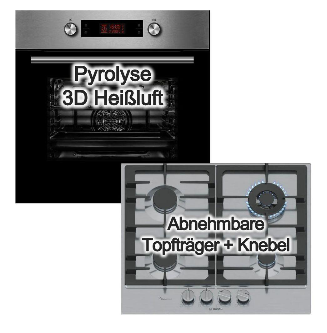 HERDSET Midea Backofen Pyrolyse 3D Heißluft Teleskopauszug + Bosch Gaskochfeld FlameSelect Wokbrenner