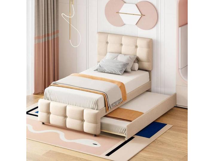 Lit adulte 90x200 cm lit enfant gigogne tête de lit réglable lit simple Beige