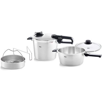 Schnellkochtopf FISSLER "Fissler Vitavit premium Schnellkochtopf-Set, 5-teilig", silber (silberfarben), Ø:22cm, Töpfe, Schnellkochtopf, Verriegelungsanzeige, Einstellbares Abdampfen, Einstellbare Kochstufen