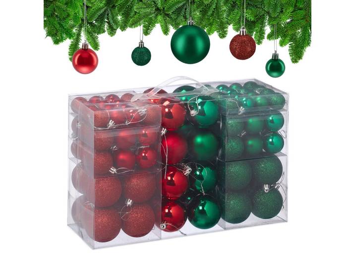 Relaxdays Weihnachtskugeln Grün Rot 100-Kugeln-Set Kunststoff, Dunkelgrün, Rot, Rund, 6x7x6 cm, Dekoration, Weihnachtsdekoration, Christbaumschmuck