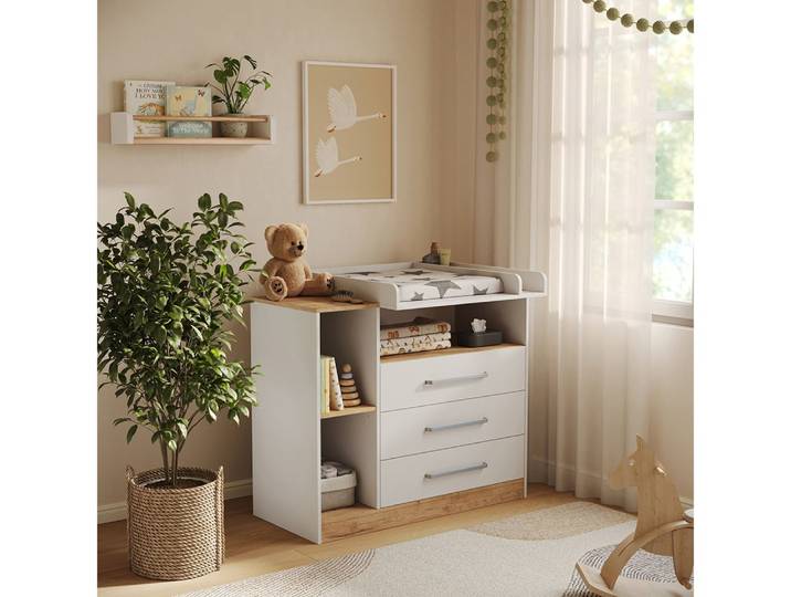 Vicco Wickelkommode Olina, Weiß/Goldkraft Eiche, 110 x 93 cm