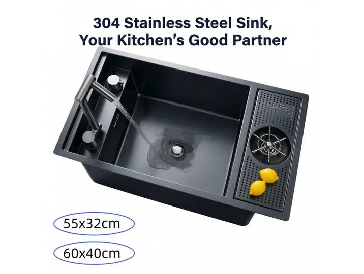 Évier de cuisine en acier inoxydable 304 dissimulé avec robinet pliable, évier sous plan nano avec robinet repliable moderne pour petits espaces et VR
