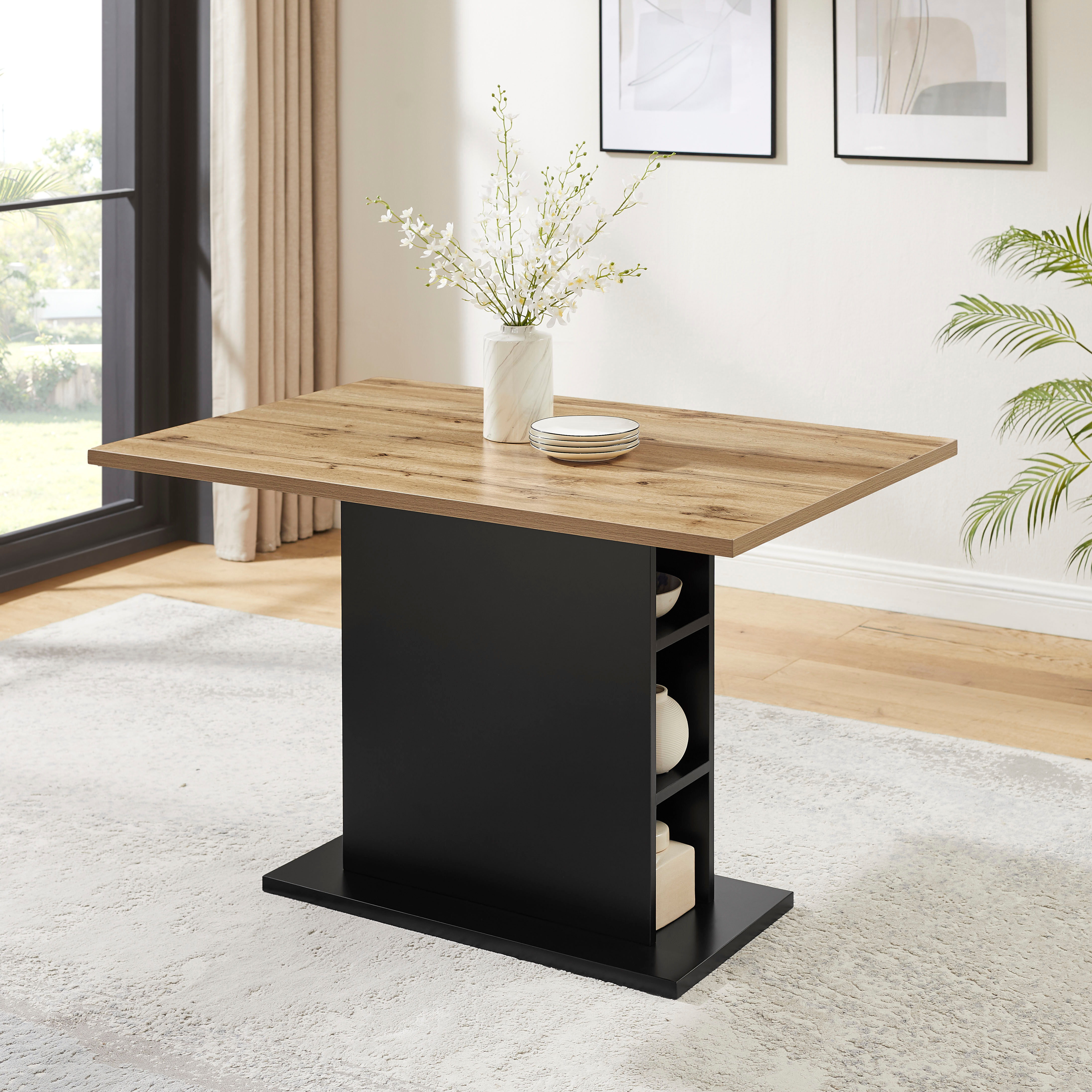 Esstisch GOODPRODUCT "Hennia", schwarz (naturfarben, schwarz), B:120cm H:76cm T:80cm, Tischplatte: MDF mit Melaminbeschichtung; Sockel-/Stauraumplatten: MDF mit Melaminbeschichtung, Tische, Esstisch, Säulensockel, integrierte Ablagefächer, Breite 120 cm n
