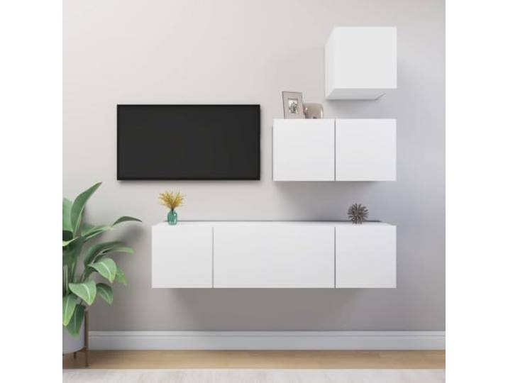 Molumvel 4-TLG. TV-Schrank-Set Wandmontage Holzwerkstoff Weiß Modernes Design, Großer Stauraum, Zeitlose Wohnzimmer-Ergänzung