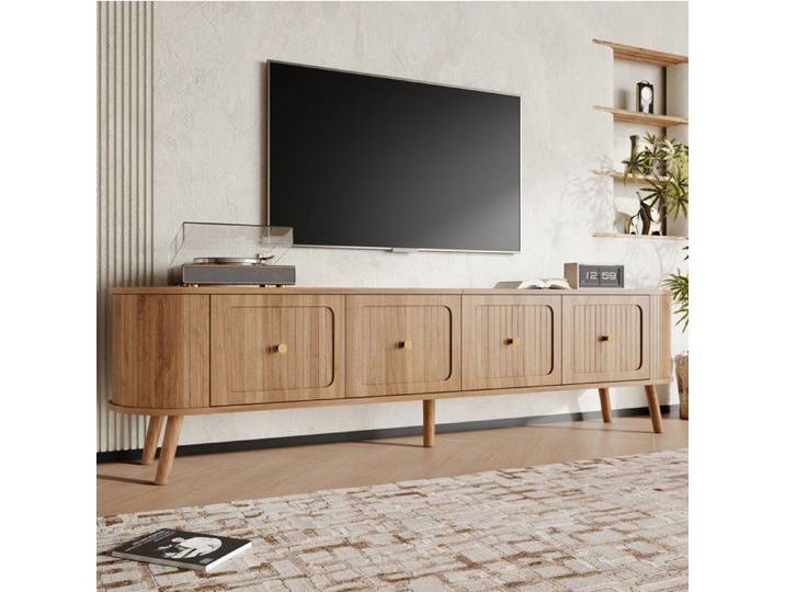 Meuble TV vintage AESVAR 180 cm effet chêne 4 portes poignées dorées pieds en bois