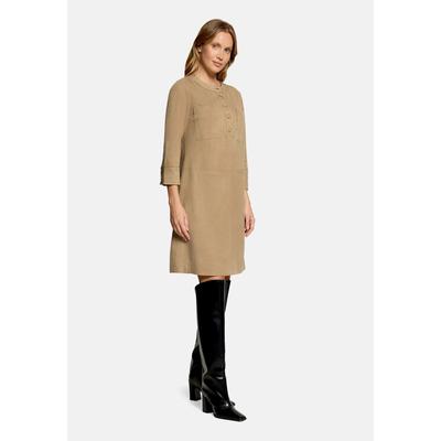 Druckkleid CARTOON "Damen mit Taschen", Damen, Gr. 38, Normalgrößen, beige (ocker), Obermaterial: 94% Polyester, 6% Elasthan, gerade kurz, Rundhals, Kleider Druckkleid