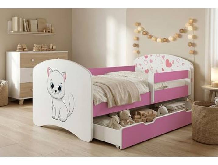 Happy Babies Kinderbett Kinderbett mit Rausfallschutz und Bettschublade, Ideales Bett für Mädchen und Jungen 160x80 mit Matratze, Rose Bett Prinzessin, Set, farbenfroh (Nr 159, 160x80)