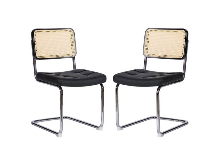 Lot de 2 chaises vintage cannage et cuir noir pieds chrome