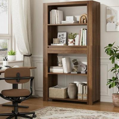 "Garvee Bookshelf, 72"" Tall Vintage Bookcase with Drawer, 4-Tier Open Storage Shelf, Anti-Tip, Heavy Duty Bookshelves"