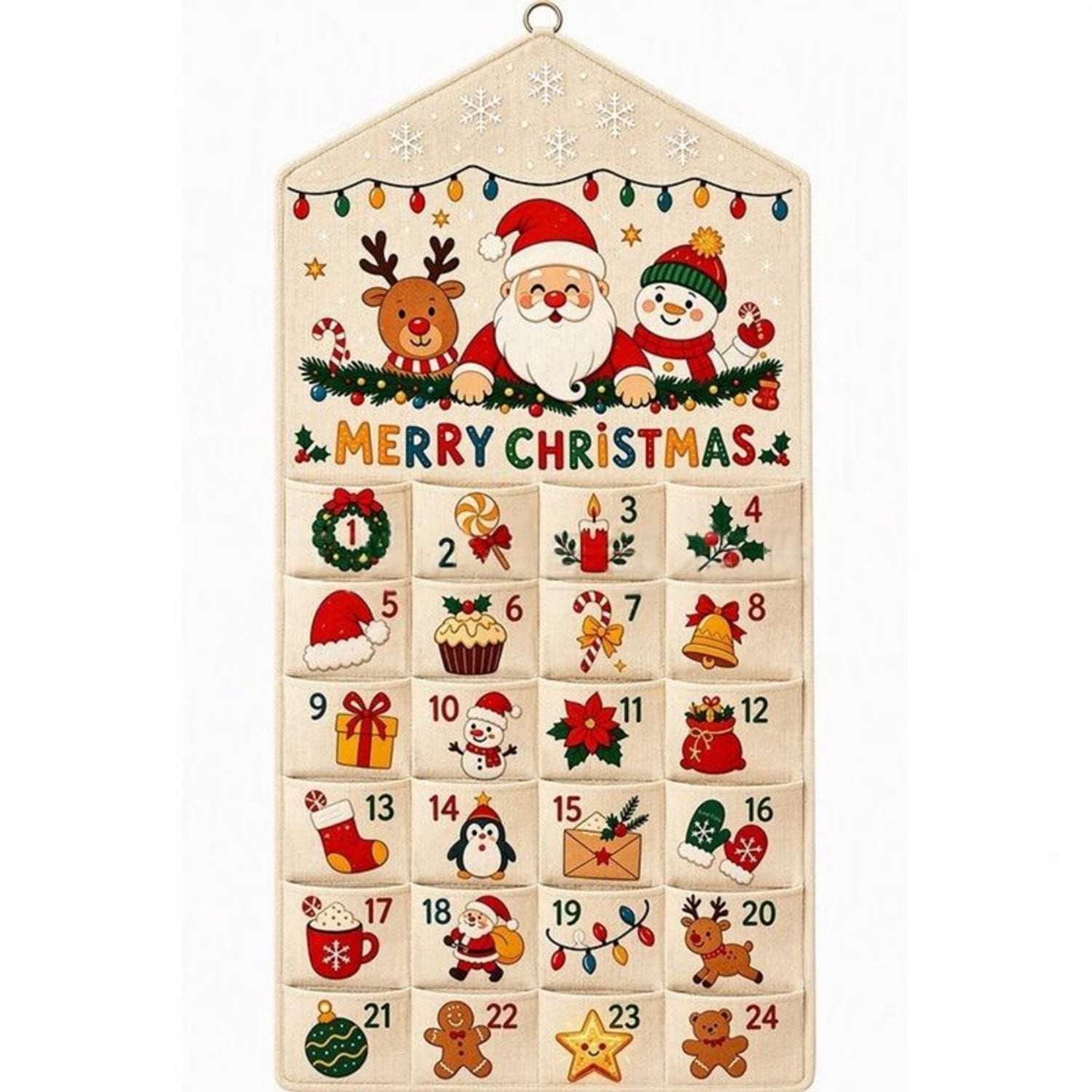 Stoffen kerstaftelkalender met 24 vakjes voor snoep en kleine cadeautjes, 60 x 120 cm