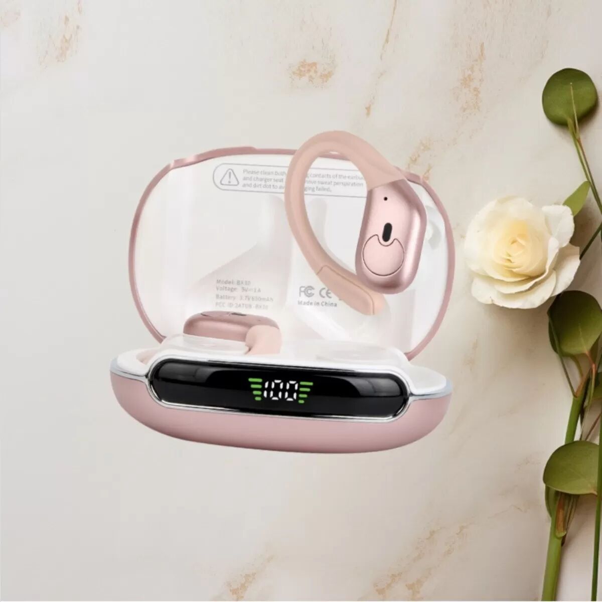 INF Bluetooth-Ohrhörer mit Geräuschunterdrückung (Modelljahr 2026) – Ergonomischer Ohrbügel, schweißresistent, 480-mAh-Akku Rosa