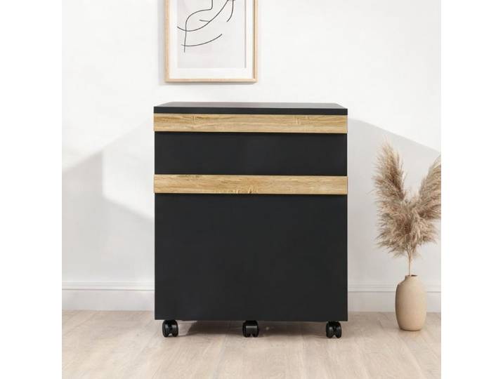 Meuble sous bureau noir 2 tiroirs coulissants pour dossiers suspendus et accessoires panneau de particules 5 roulettes