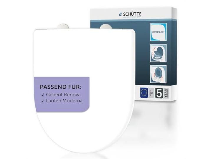 SCHÜTTE WC-Sitz passend zu Geberit Renova, Laufen Moderna, mit Absenkautomatik made in EU, Abnehmbarer Klodeckel aus bruchsicherem Duroplast, Toilettendeckel und Brille bis zu 250kg belastbar, Weiß