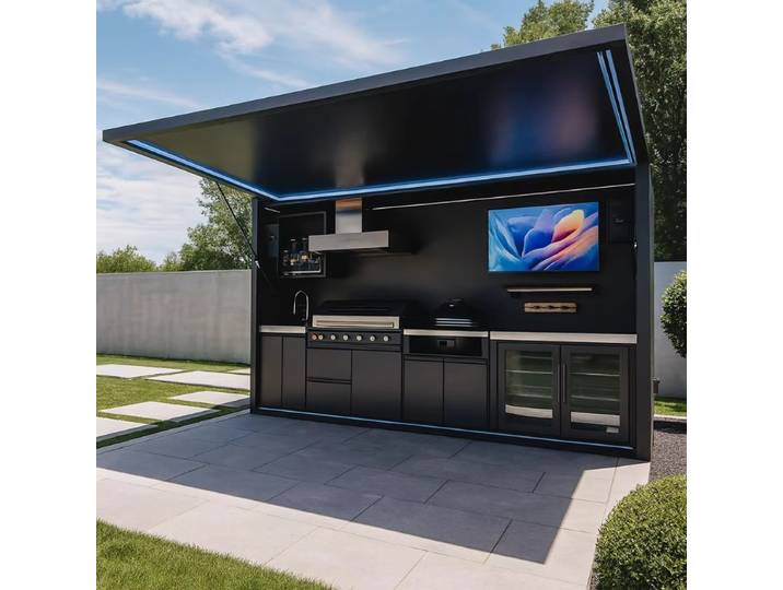 Cuisine extérieure personnalisée noire/grise pour jardin/terrasse avec porte, résistante aux intempéries, en acier inoxydable 304, avec abri