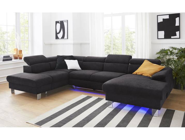Wohnlandschaft, Microfaser PRIMABELLE, Schwarz, 320 cm, U-Form, Kopfteilverstellung, Cotta