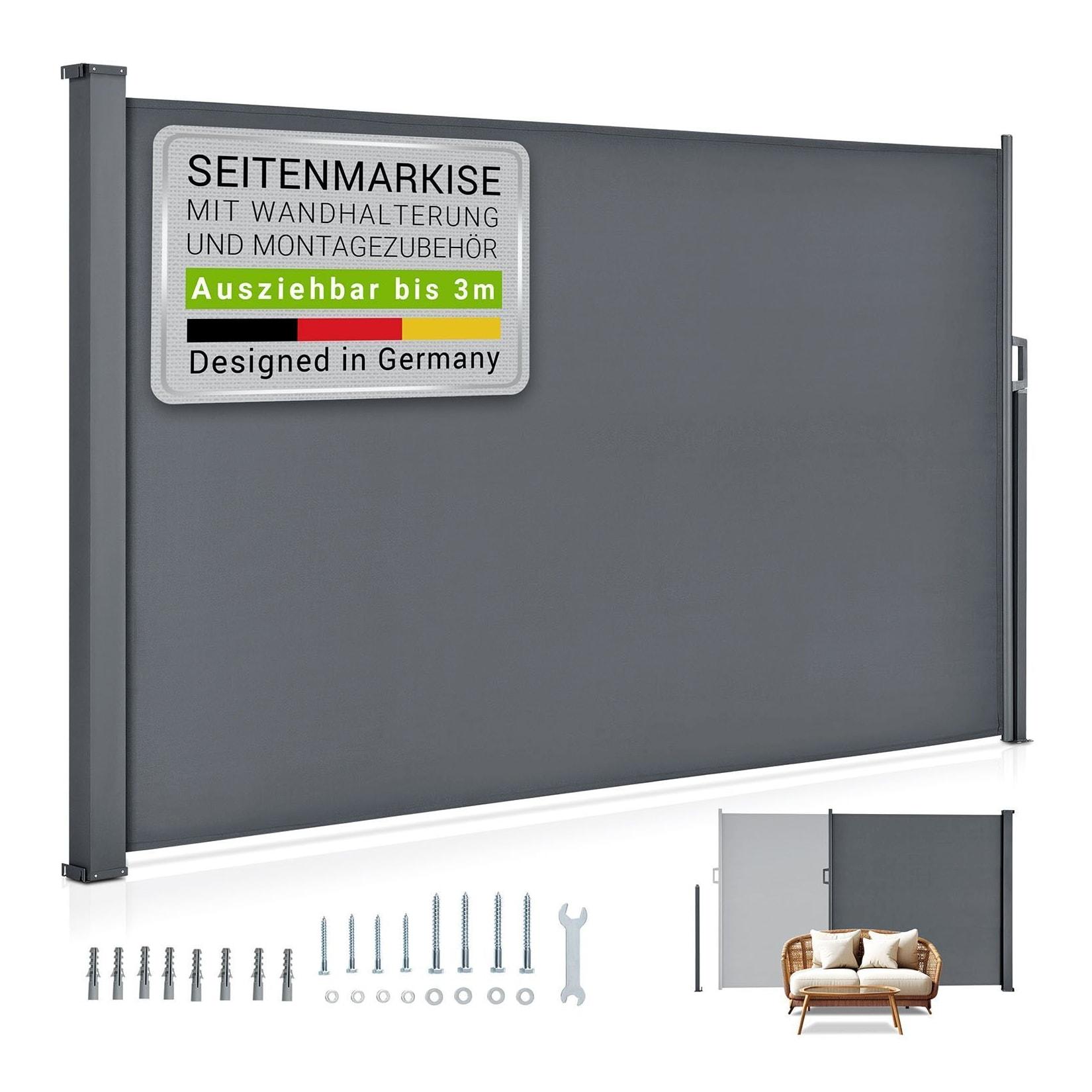 Juskys Seitenmarkise Dubai 300 x 190 cm ausziehbar blickdicht, Sichtschutz Garten, Terrasse anthrazit