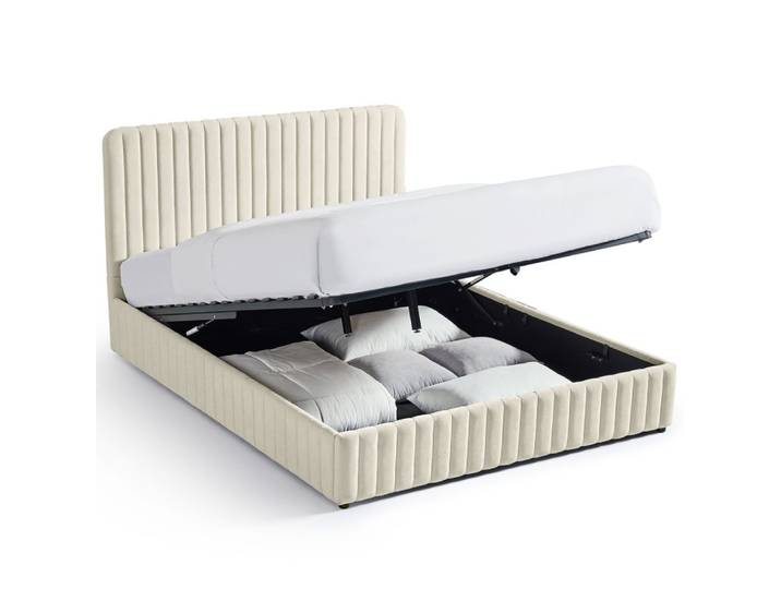 Lit coffre adulte 140x190 cm avec tête de lit en tissu chenille beige