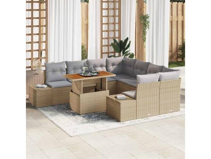 HEFZGDB Poly Rattan Esszimmer Set 9 pcs mit Akazienholz Tischplatte und Stauraum - Set Essbereich Möbel für Garten und Terrasse