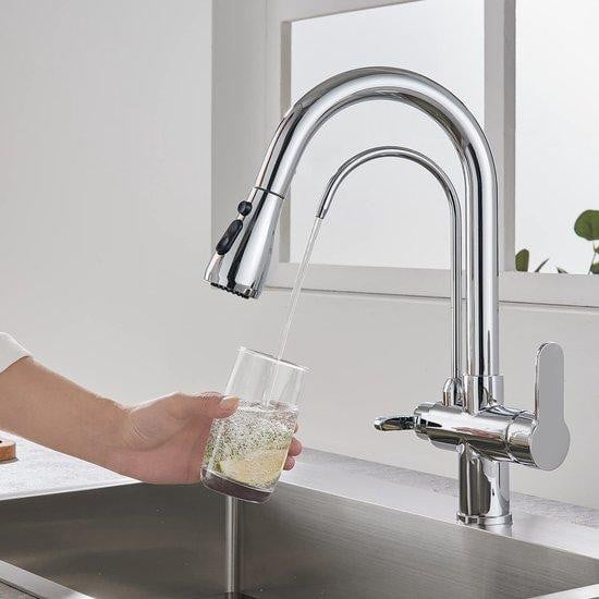 Unyqoos 3-in-1 keukenkraan met uittrekbare douchekop en waterfilterfunctie, massief messing met keramisch ventiel