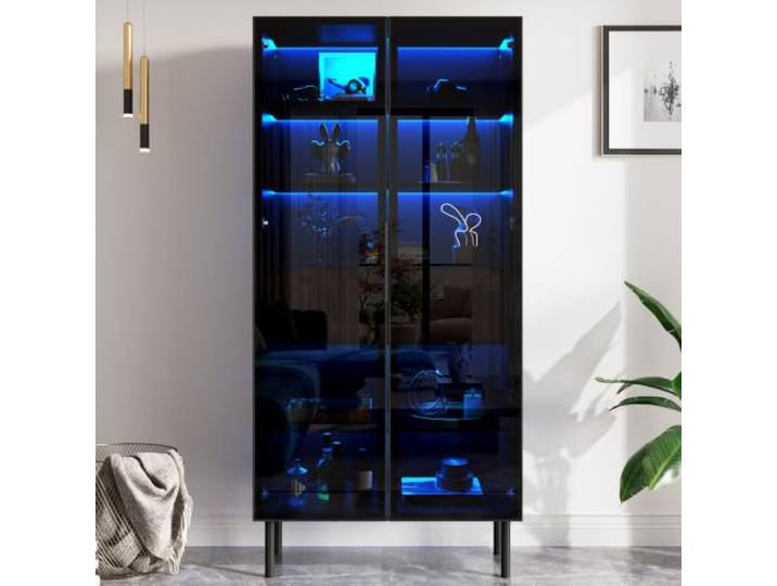Merax Vitrine mit Glastüren und LED, Schwarz, 70 × 36 × 170 cm App-Steuerung, 2 Schubladen, Innenregale, Standvitrine