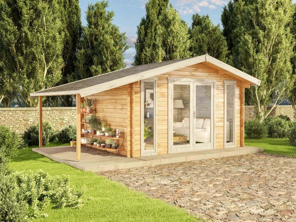 Alpholz Gartenhaus Mirko 549x350cm Natur 28mm Wandstärke Schleppdach