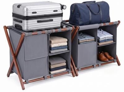 "Costway 27"" Bamboo Luggage Rack Set of 2 with 5 Nylon Straps and Compartments for Hotel-Walnut & Gray"