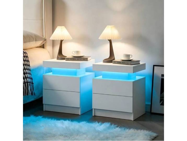 ROVRYN Lot de 2 tables de chevet LED blanches 2 tiroirs compartiment ouvert design moderne