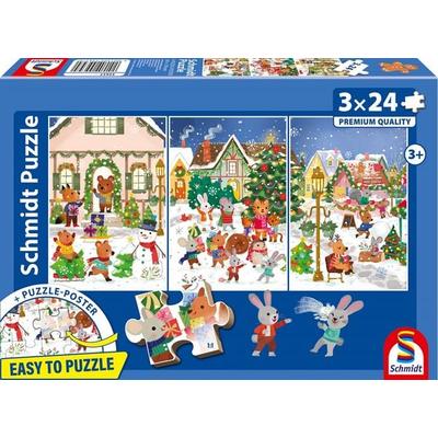 Schmidt 55657 - Fröhliche Weihnachten, Easy to Puzzle, Kinderpuzzle-Box mit Poster, 3 x 24 Teile