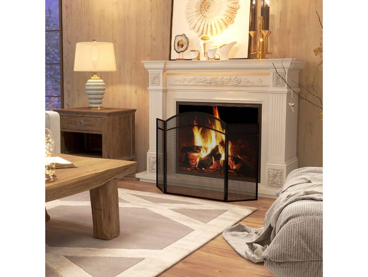 HOMCOM Pare-feu Cheminée 3 Panneaux Métal Noir 96 x 60 cm