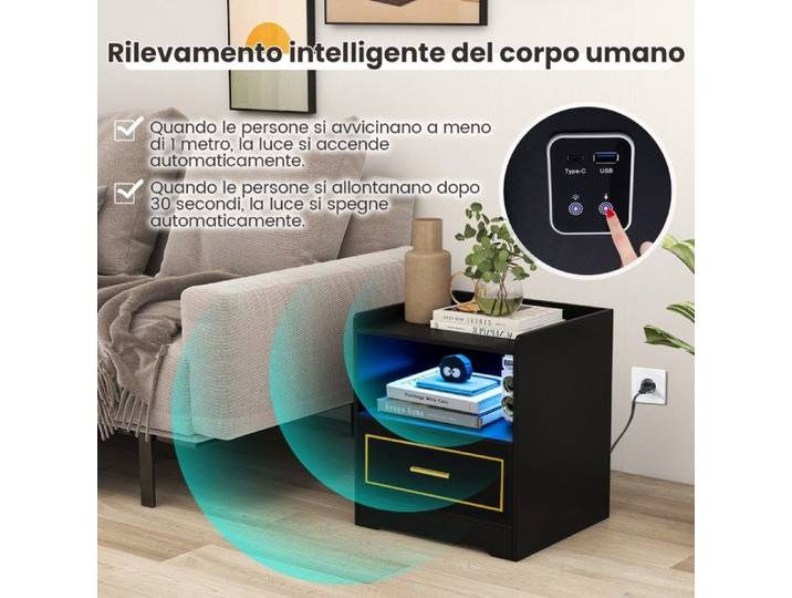 Style vintage table de chevet LED avec USB port Type-C et capteur de mouvement pour chambre