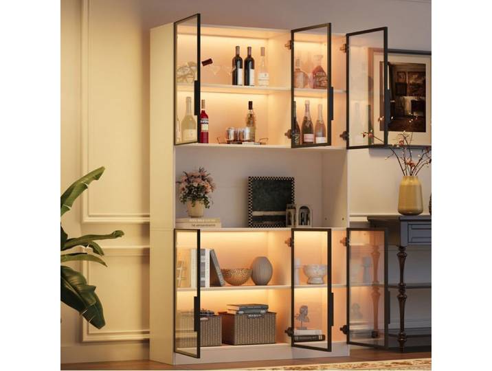 Vitrine haute 120x34x200 cm 6 portes en verre avec éclairage LED réglable par application MDF blanc